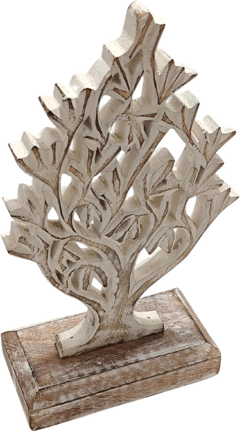 VANIYA CRAFTS® Rustic Wooden Tree Shape Table Sculpture – Handmade Carved Home Decor Accent for Living Room, Bedroom, Entryway, or Office (Antique White Finish)