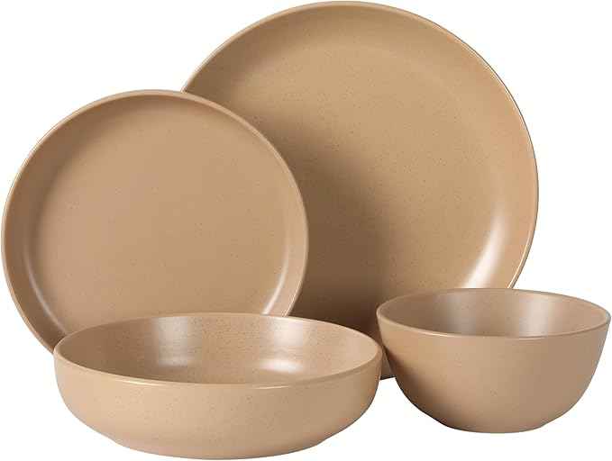 Gibson Elite Leeds Court Plates and Bowls Sets, 16-Piece Stoneware Dinnerware Sets, Terracotta, Round Speckle Reactive Glaze Dish Set