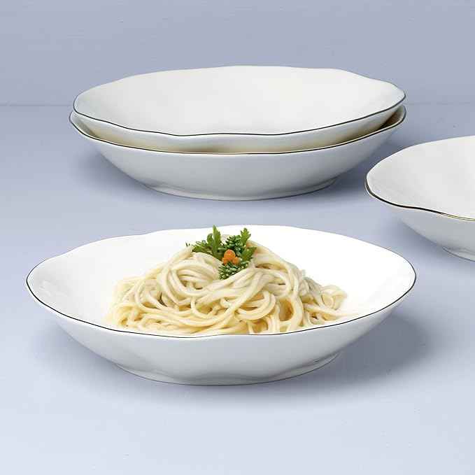Lenox Dinnerware Set, Blue Bay White Pasta Bowls, Set of 4, Service For 4, Dishwasher and Microwave Safe, Made of Porcelain, 24 Ounce Capacity, Salad Bowl, Pasta Bowl, Gold Branding (White, 4 Pieces)
