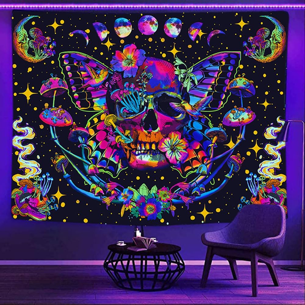 Skull Blacklight Tapestry, UV Reactive Skeleton Tapestry Trippy for Bedroom, Black Light Posters for Adults, Halloween Horror Wall Glow in Dark Tapestry Aesthetic Living Room Dorm Decor 60x51IN