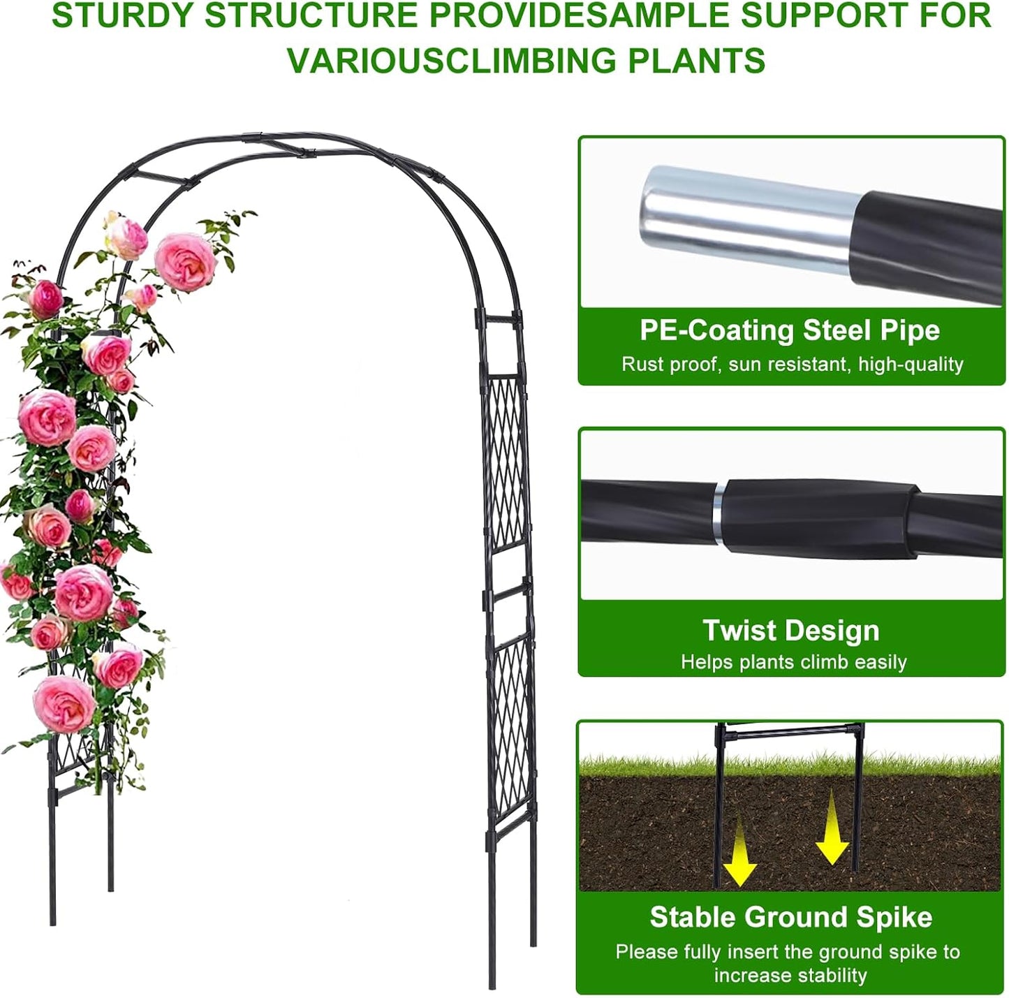 Lalahoni Garden Arch Arbor Trellis, 8ft Tall Outdoor Archway for Climbing Plants, Durable Garden Arch for Lawn, Party, Ceremony Wedding Decoration, Black