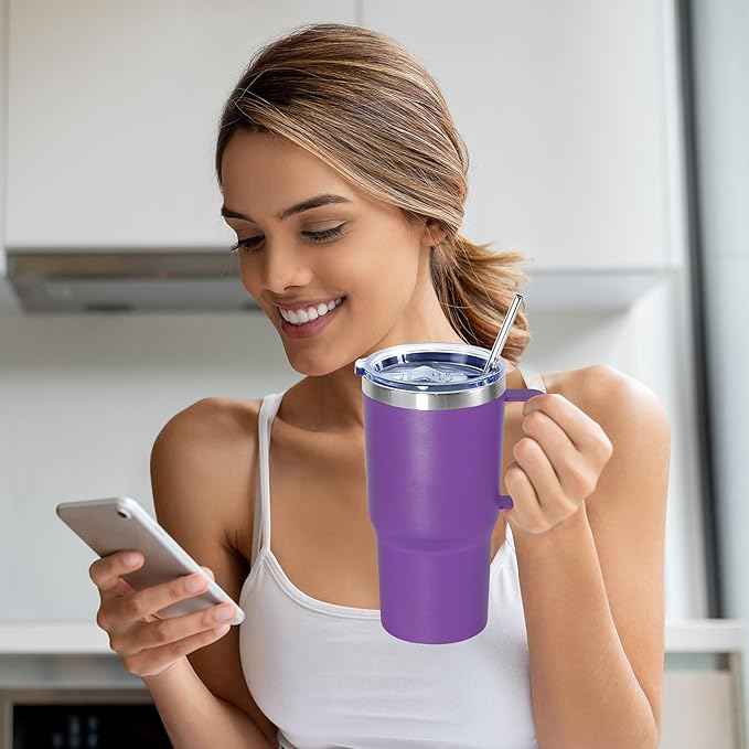 20 oz Tumbler with Handle, insulated cup coffee mug with lid, straw and handle, Double Wall Stainless Steel Vacuum Coffee Tumbler travel mug spill proof, 1pcs Purple