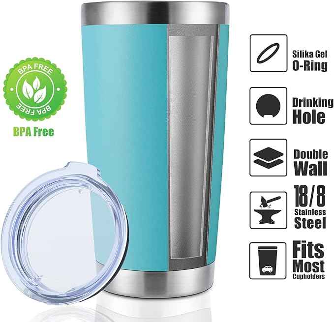 DOMICARE 20oz Stainless Steel Tumbler Bulk with Lid, Double Wall Vacuum Insulated Travel Mug, Powder Coated Coffee Cup, Light Blue, 8 Pack
