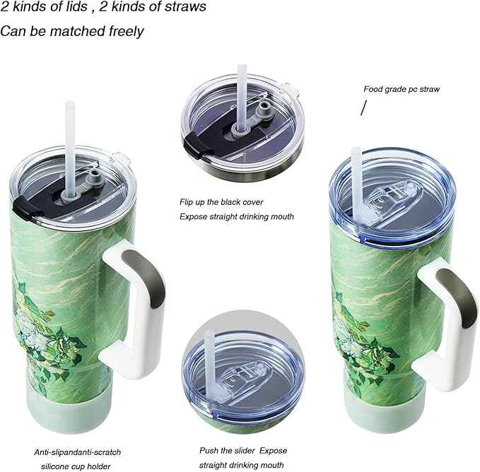 Jormungand 40 oz Tumbler with Handle and Straw, Vacuum Insulated Stainless Steel Cup & Water Bottle, Leakproof Lid, BPA-Free, Cup Holder Friendly for Travel, Keeps Drinks Hot & Cold Roses