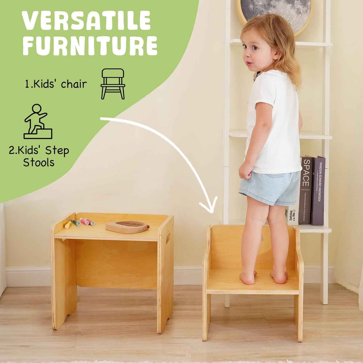 MallBest Montessori Weaning Table and Chair Set-Adjustable seat Height Wooden Toddler Table，Kids Activity Step Stools，Kids Funiture for Eating Drawing Reading