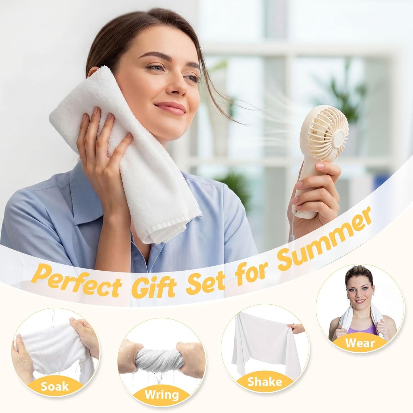 Hortsun 24 Pcs Summer Sets Includes 40"x12" Cooling Towels and Mini Handheld Fan Bulk, Workout Towel Sweat Towels for Hot Weather Gym, Portable Small Fan for Summer Team Travel Gifts (White)