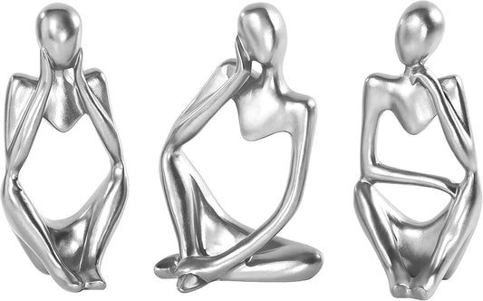 XINXUAN Thinker Statue Home Decor-Bookshelf & Living Room&Mantel-Collectible Figurines - 3 PCS Set (Silver)