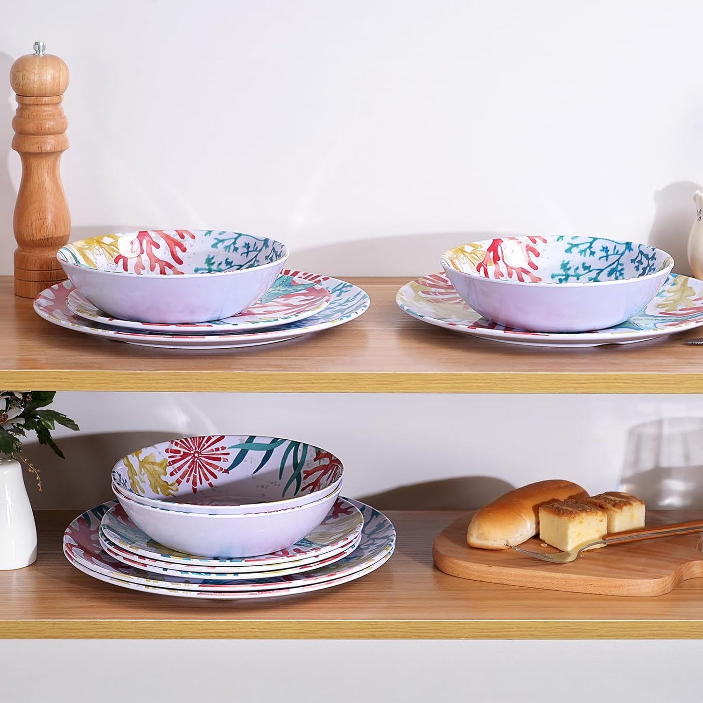 Melamine Dinnerware Set for 4 – 12-Piece Starfish Coral Design Plates and Bowls, Ocean Dishes set, Unbreakable Dinner Set for Indoor Outdoor Use, Dishwasher Safe, Coastal Beach Theme Tableware