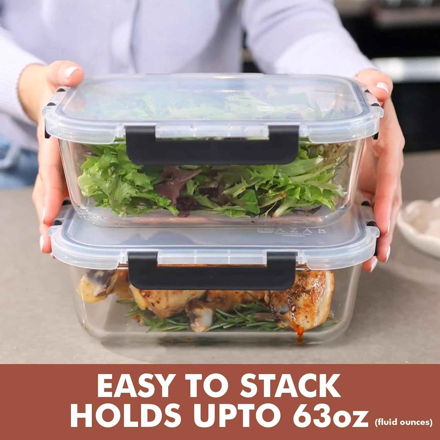 Razab 2 Pcs 1860ml / 63 Oz Large Glass Food Storage Containers with Lids - Glass Meal Prep Containers with Locking Lids for Roasting, Storing Leftover, Lunch Container, BPA Free, Microwave & Oven Safe