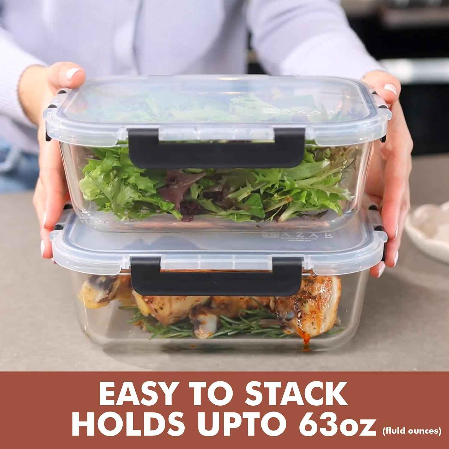 Razab 2 Pcs 1860ml / 63 Oz Large Glass Food Storage Containers with Lids - Glass Meal Prep Containers with Locking Lids for Roasting, Storing Leftover, Lunch Container, BPA Free, Microwave & Oven Safe