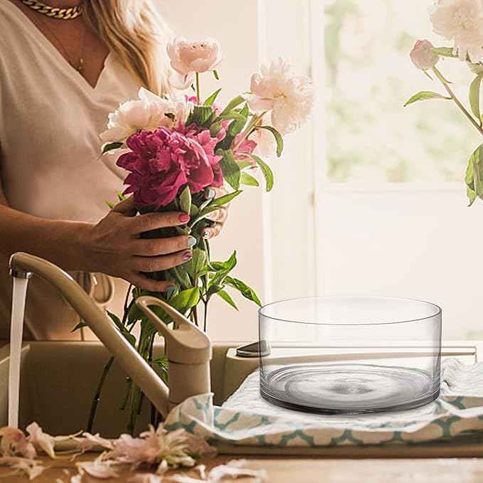 YOUEON Wide Glass Cylinder Vase, 4" Tall x 8" Wide Flower Glass Vase, Cylinder Terrarium Bowl, Decorative Centerpiece for Weddings Events, Pillar Candle, Flower Arrangement, Clear