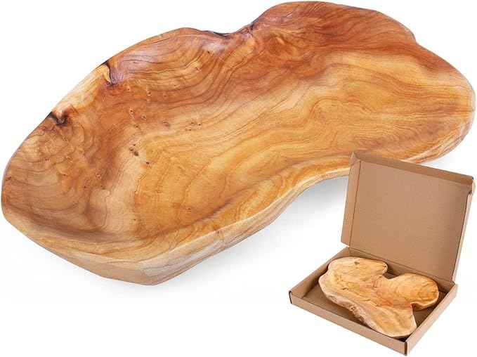 BTEOBFY Natural Wood Fruit Bowl 11-13 inch, Unique Handmade Wood Serving Platter, Wood Fruit Snack Dish for Sandwich Bread Serving, Appetizer Display, Vintage Ring Dish, Hand Carved Artworks