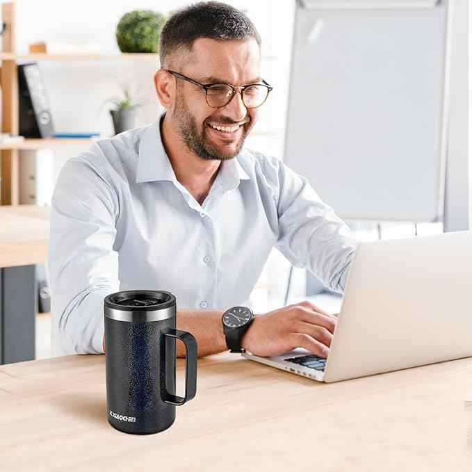 KXIAOCHEN 20oz Insulated Coffee Mug with Lid, Stainless Steel Coffee Cup, Double Wall Vacuum Coffee Tumbler with Handle, Premium Thermal Travel Coffee Mug (Glitter Black)