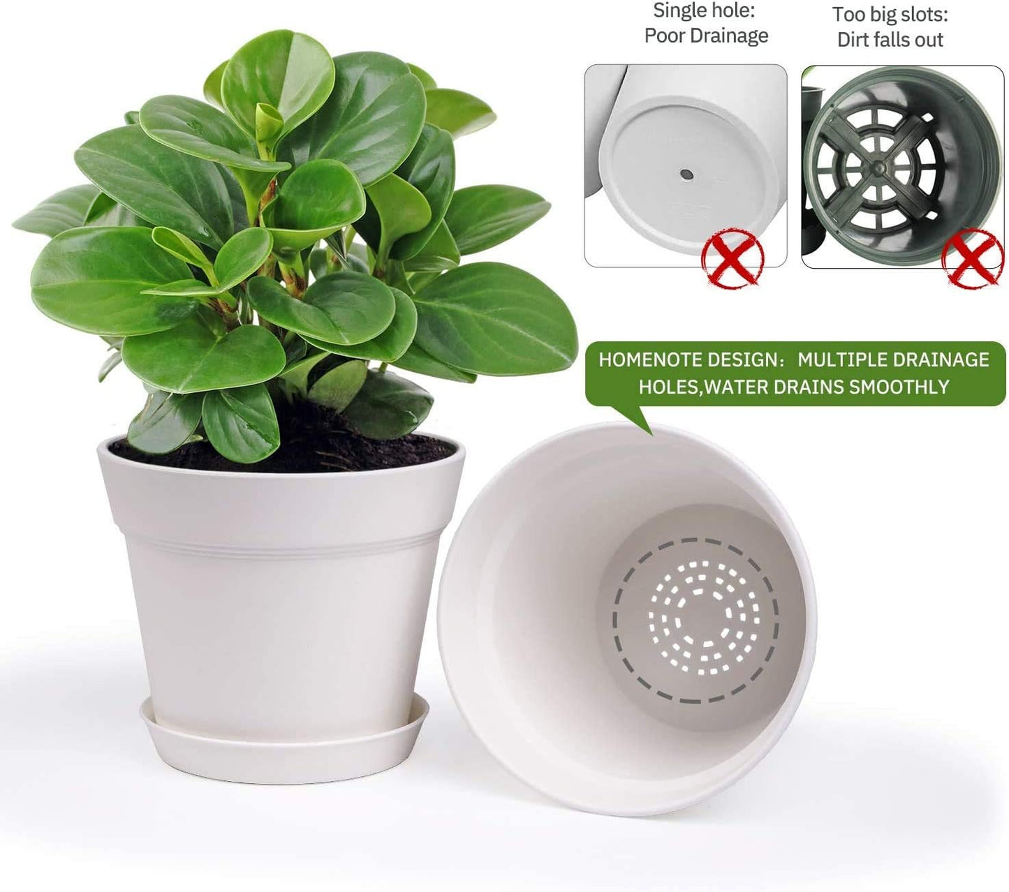 homenote Pots for Plants, 8 Pcs 7.5 Inch Plastic Planters with Multiple Drainage Holes and Tray - Plant Pots for All Home Garden Flowers Succulents, Cream White