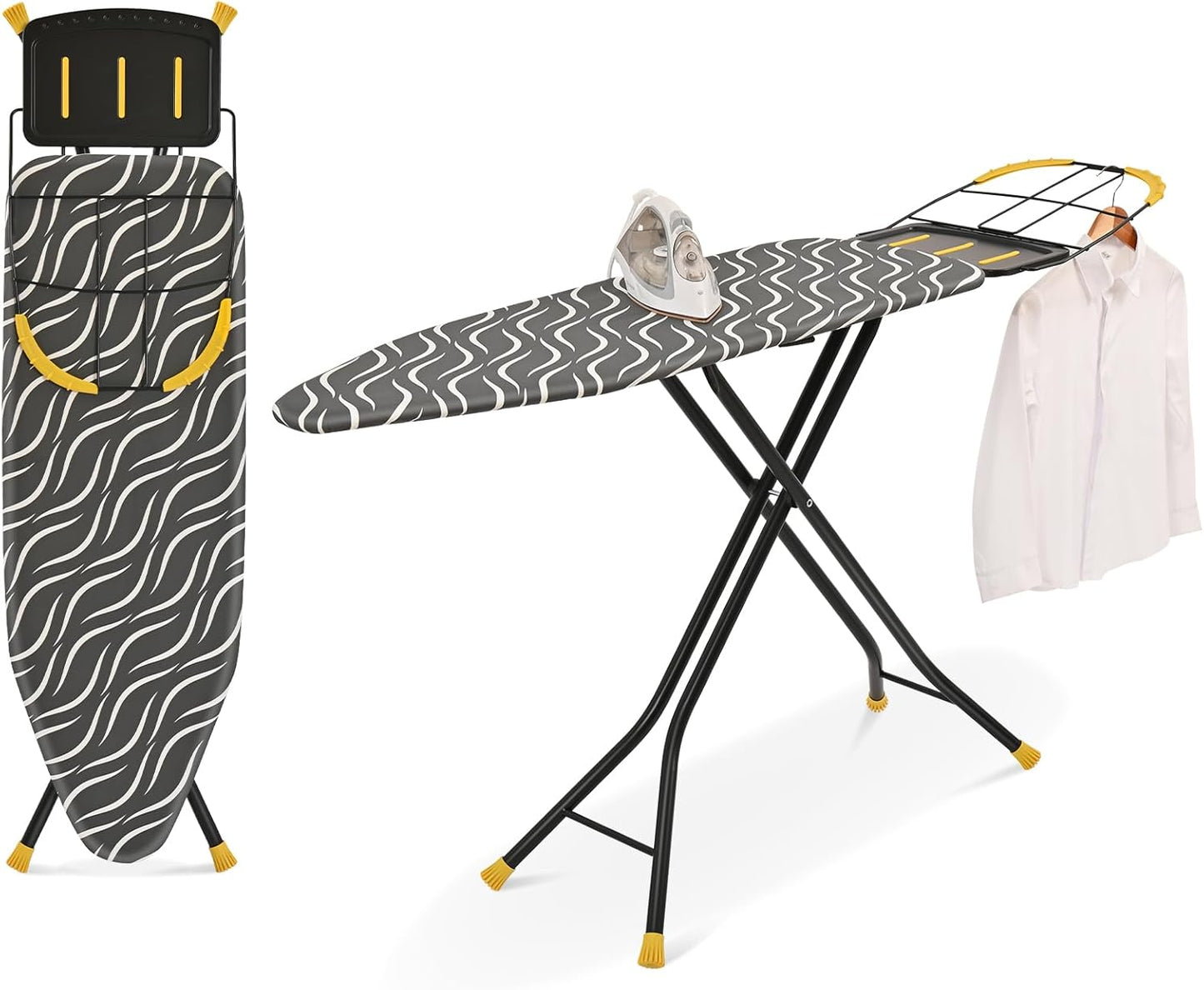 KINGBOARD Ironing Board Full Size with Metal Panel, Foldable Ironing Board with Iron Rest, 7 Height Adjustable, Heat Resistant Thick Padding Cover, Easy Storage Heavy Duty Iron Board,15x48, Black