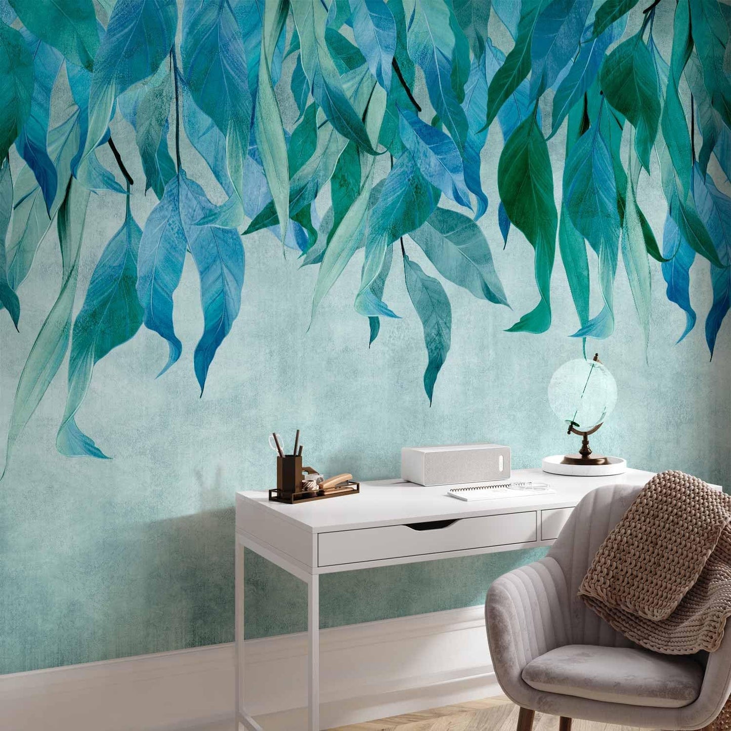 artgeist Wall Mural Hanging Leaves 98x69 in - Non-Woven Wallpaper Fleece Wall Decor Photo Print Picture Image Design Nature Botanical Concrete Green Blue b-C-10146-a-b