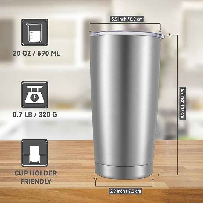 20 oz Tumblers Bulk Stainless Steel Tumbler with Lid Double Wall Vacuum Insulated Coffee Mug 20oz Powder Coated Cup for Hot and Cold Drinks, Stainless, 6 pack