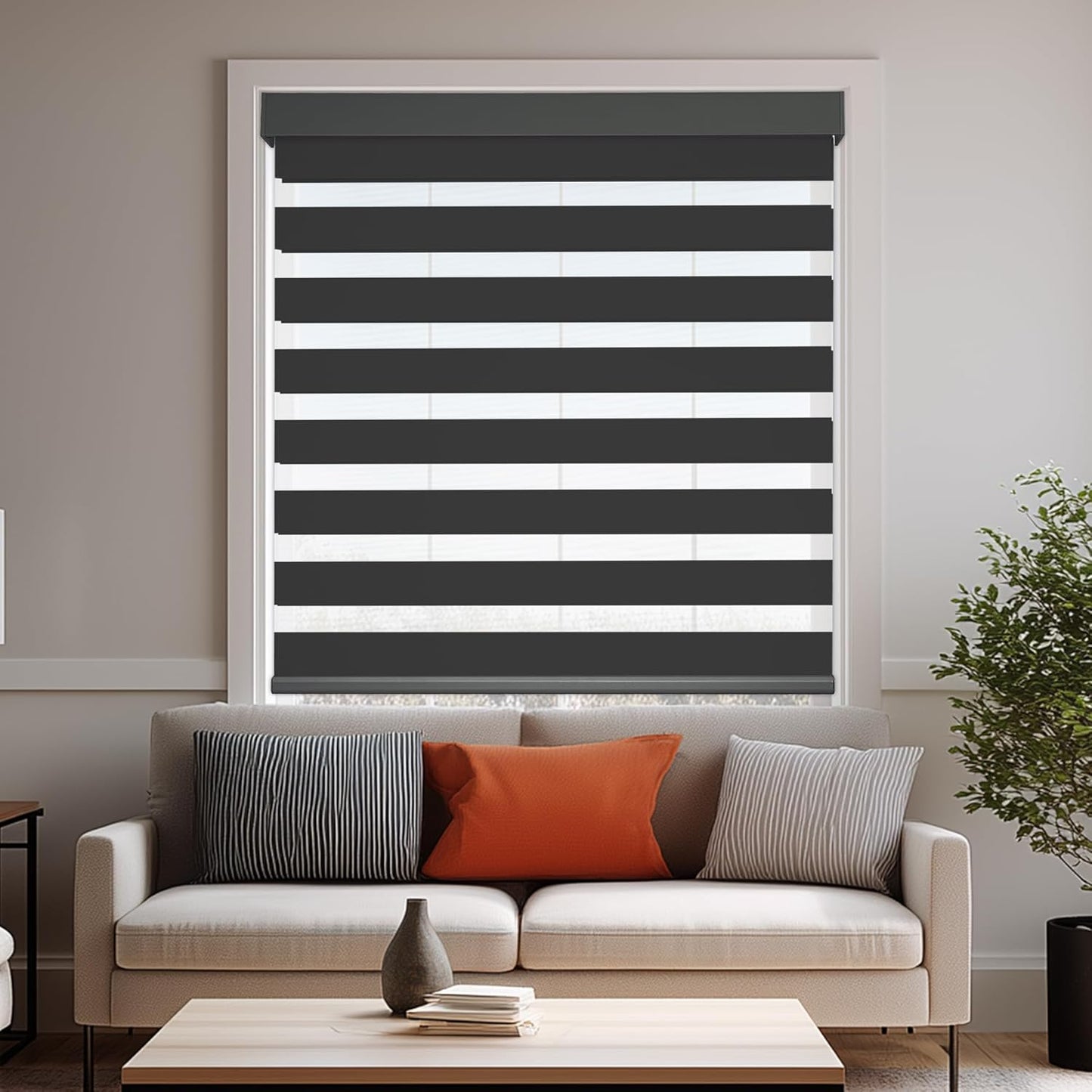 HESTIA Cordless Zebra Blinds Light Filtering Roller Shades UV Blocking Blackout Privacy Indoor Window Shades for Home Office Day and Night, Black,26" W x 48" H
