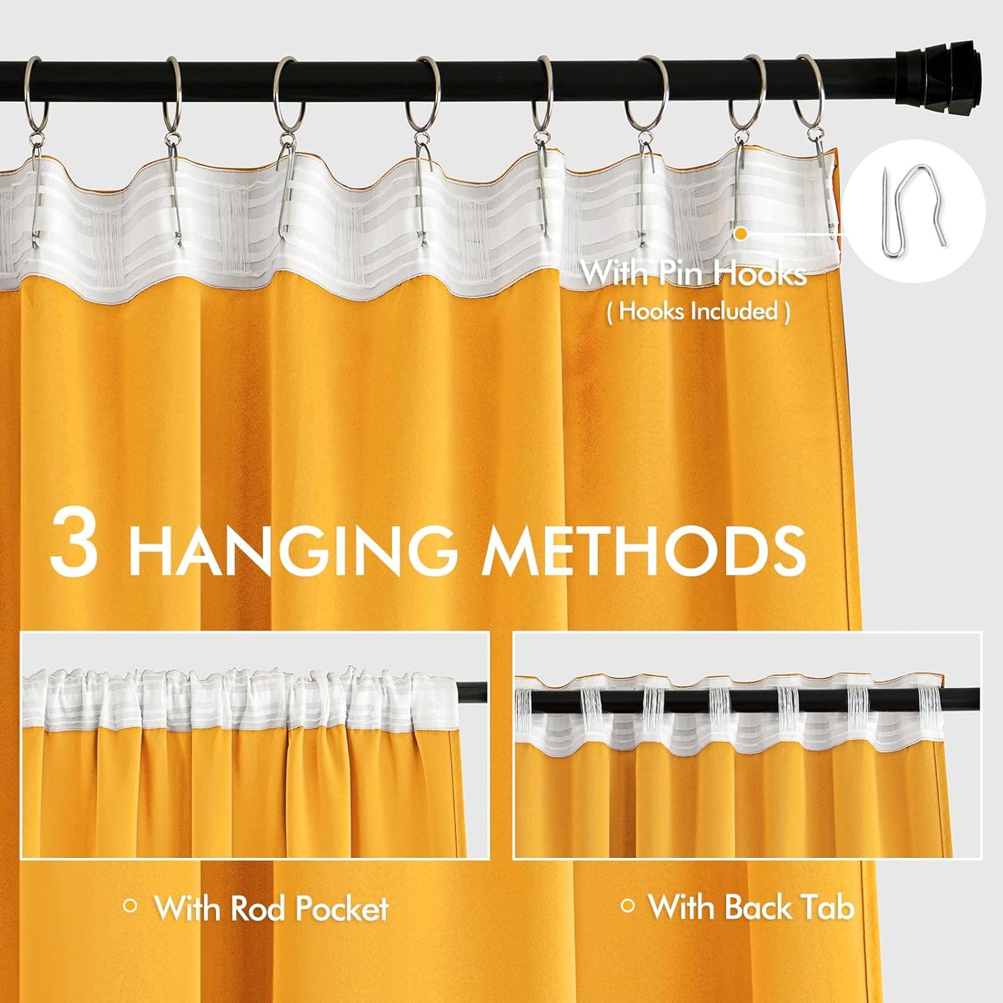 MIULEE Yellow Back Tab Blackout Curtain 96 Inch Long 2 Panels Set for Bedroom, Rod Pocket/Pinch Pleat Thermal Insulated Living Room Darkening Pleated Light Blocking Floor to Ceiling Drape