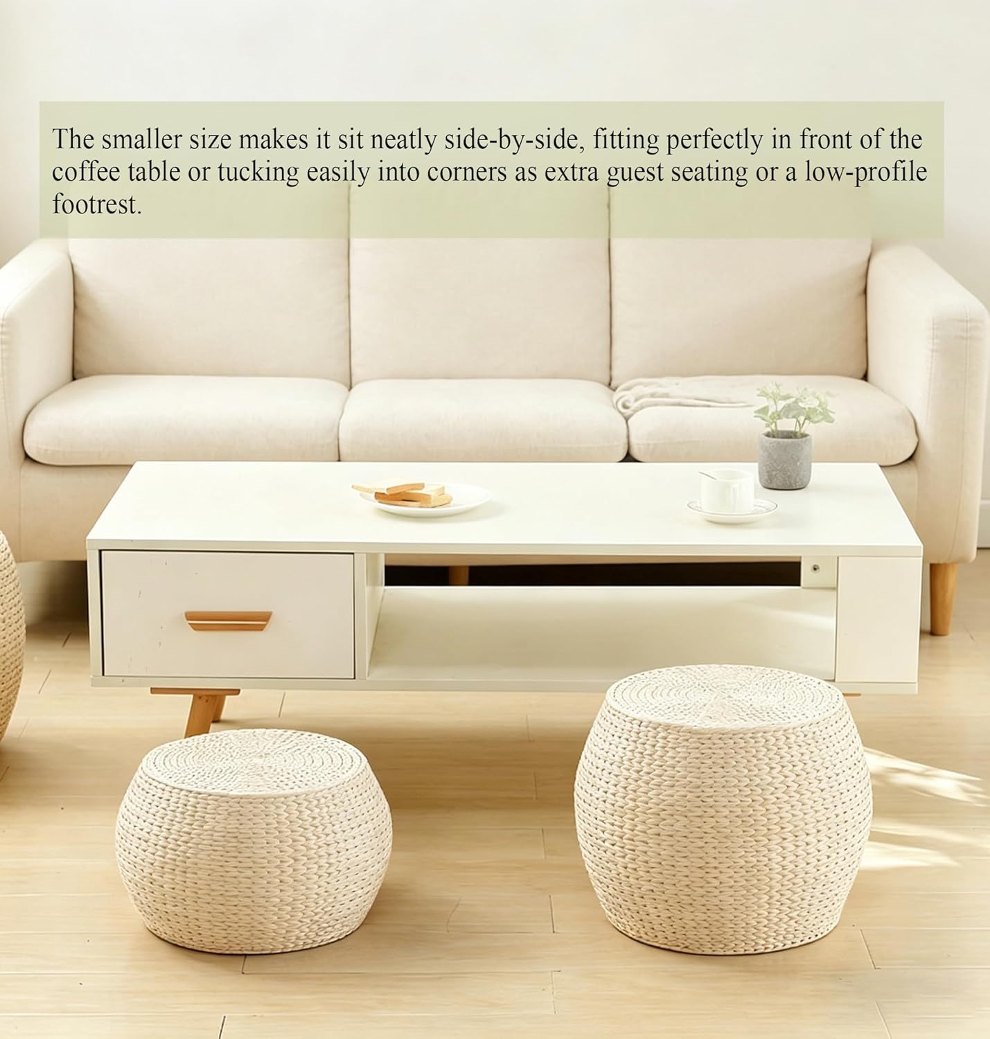 Solid Wood Straw Round Pouf Ottoman, Small Handwoven Boho Extra Seat, Low Tatami Ottoman Footrest for Living Room Bedroom Patio Garden (12.2"x12.2"x8.7")