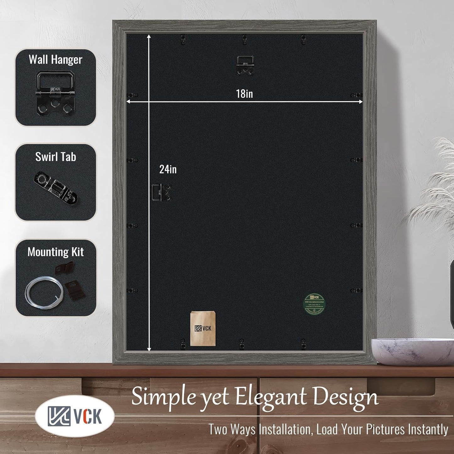 VCK 18x24 Frame Set of 3, Gray Solid Wood Poster Picture Frame, Exclusive Wood Grain, Wall Gallery Frame