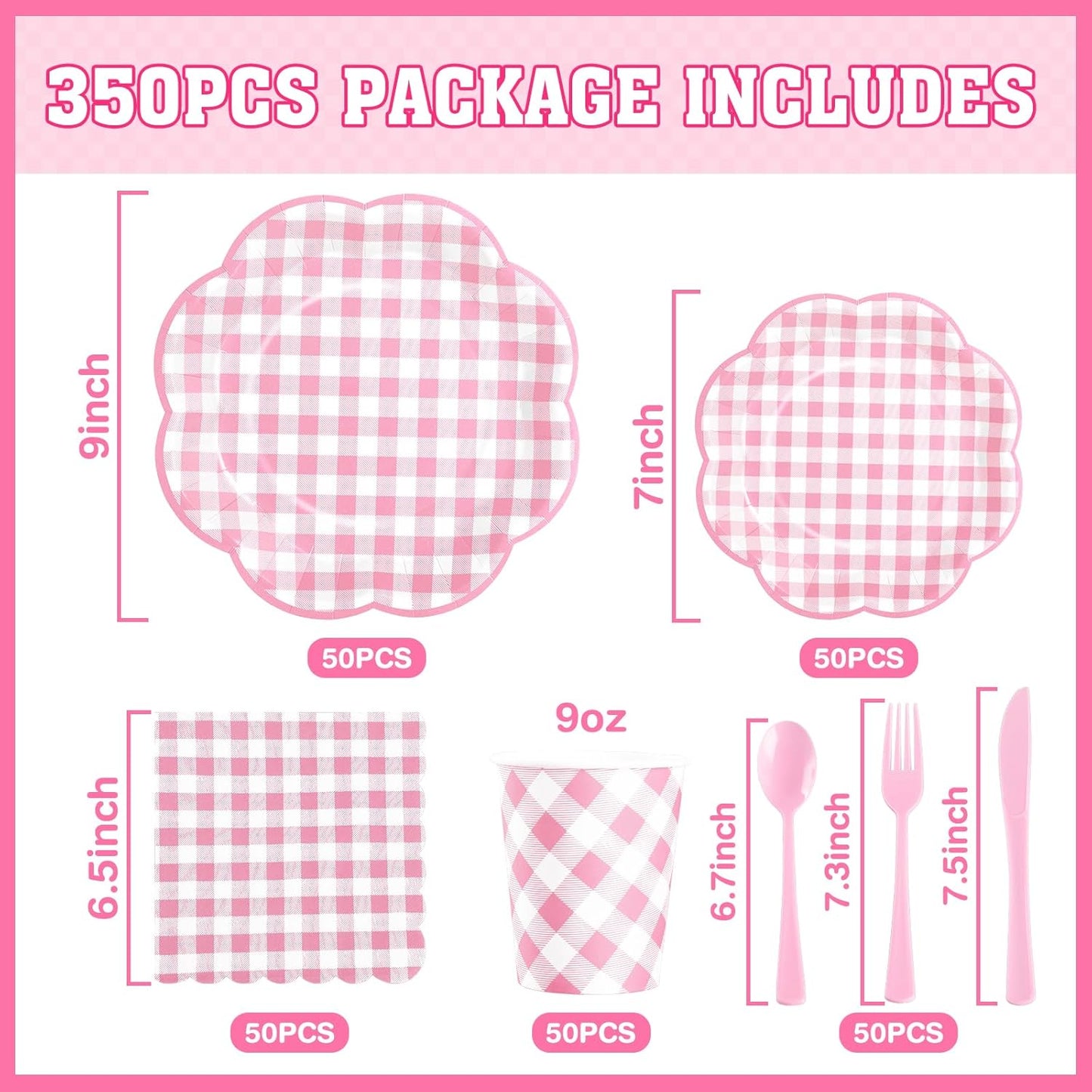 350 Pcs Pink Gingham Plates and Napkins Party Supplies - Pink and White Checkered Plates Sets Serve 50 Guests - Scalloped Gingham Paper Plate for Birthday Wedding Picnic Party Decorations