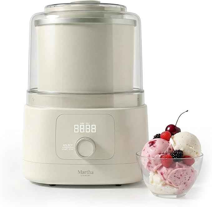 Martha Stewart Ice Cream Maker, 2 Quart Double-Insulated Freezer Bowl, Sorbet & Frozen Yogurt, Ready in 20 Minutes, Mix-Ins Chute, Easy to Clean, Linen White