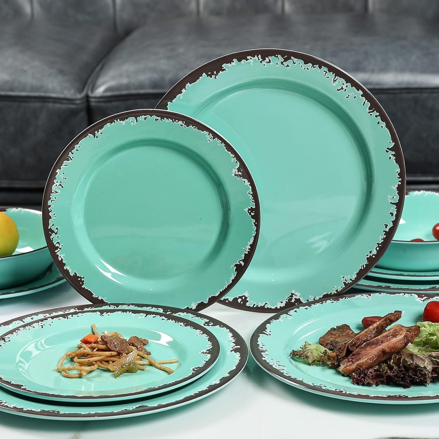 Rustic Melamine Dinnerware Set,12-Piece Plates and Bowls Sets,Yinshine Unbreakable Melamine Dish Set,Lightweight,Service for 4,Dishwasher Safe,Green