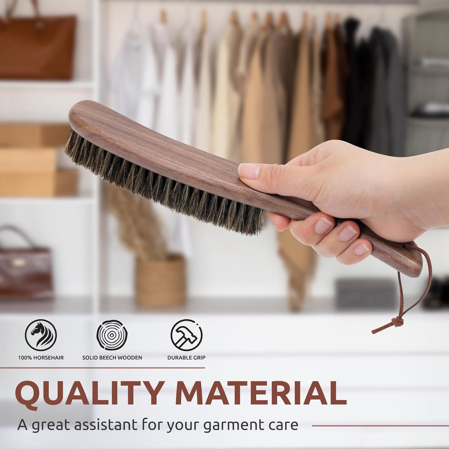 Lint Brush for Clothes with 100% Soft Horse Hair Bristle, Large Walnut Wood Handle, Lint Remover for Hat, Pet Hair, Suits, Cashmere, Wool, Velvet, Suede, Shoe
