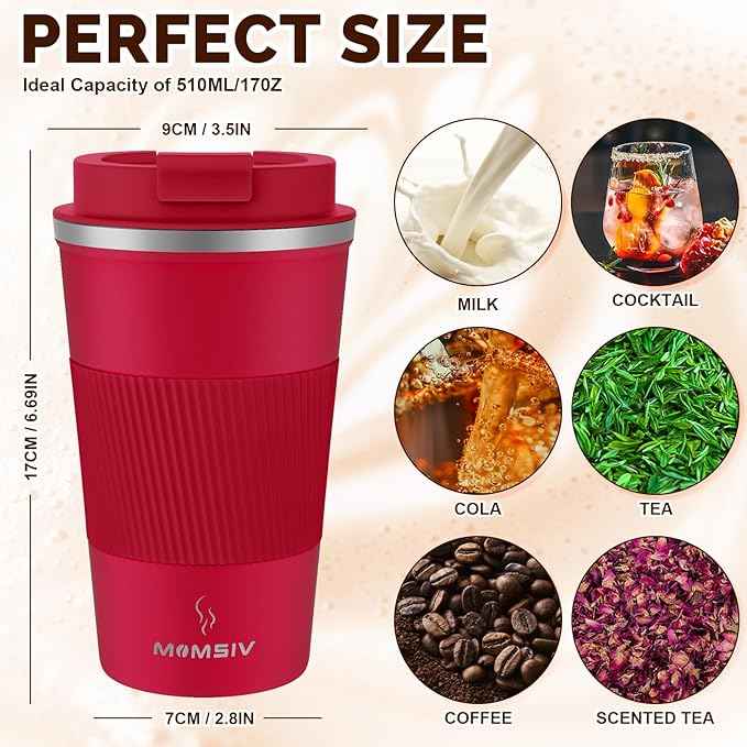MOMSIV 17oz Travel Mug, Insulated Coffee Cup with Leakproof Lid, Vacuum Stainless Steel Double Walled Reusable Tumbler for Hot and Cold Water Coffee and Tea In Travel and Car