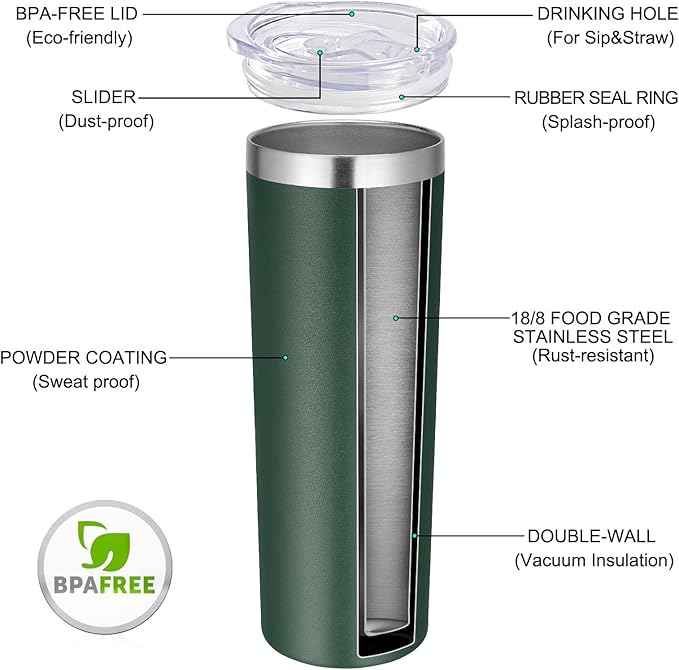 VEGOND Stainless Steel Skinny Tumbler, 20 oz Vacuum Insulated Tumbler with Lid and Straw, Double Wall Coffee Cup, Travel Mug for Cold Hot Drinks, Dark Green 1 Pack