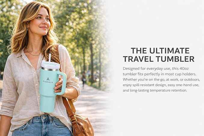 40oz Stainless Steel Vacuum Insulated Tumbler with Handle and Straw, Large Capacity Insulated Cup (Light Green)