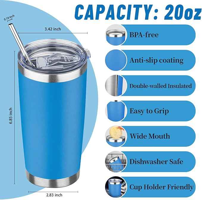 20 oz Tumbler with Lids and Straws, Stainless Steel Insulated Travel Coffee Mug, Double Wall Vacuum Insulated Tumblers, Powder Coated Coffee Tumbler for Cold & Hot Drinks (Sea Blue, 6 Pack)