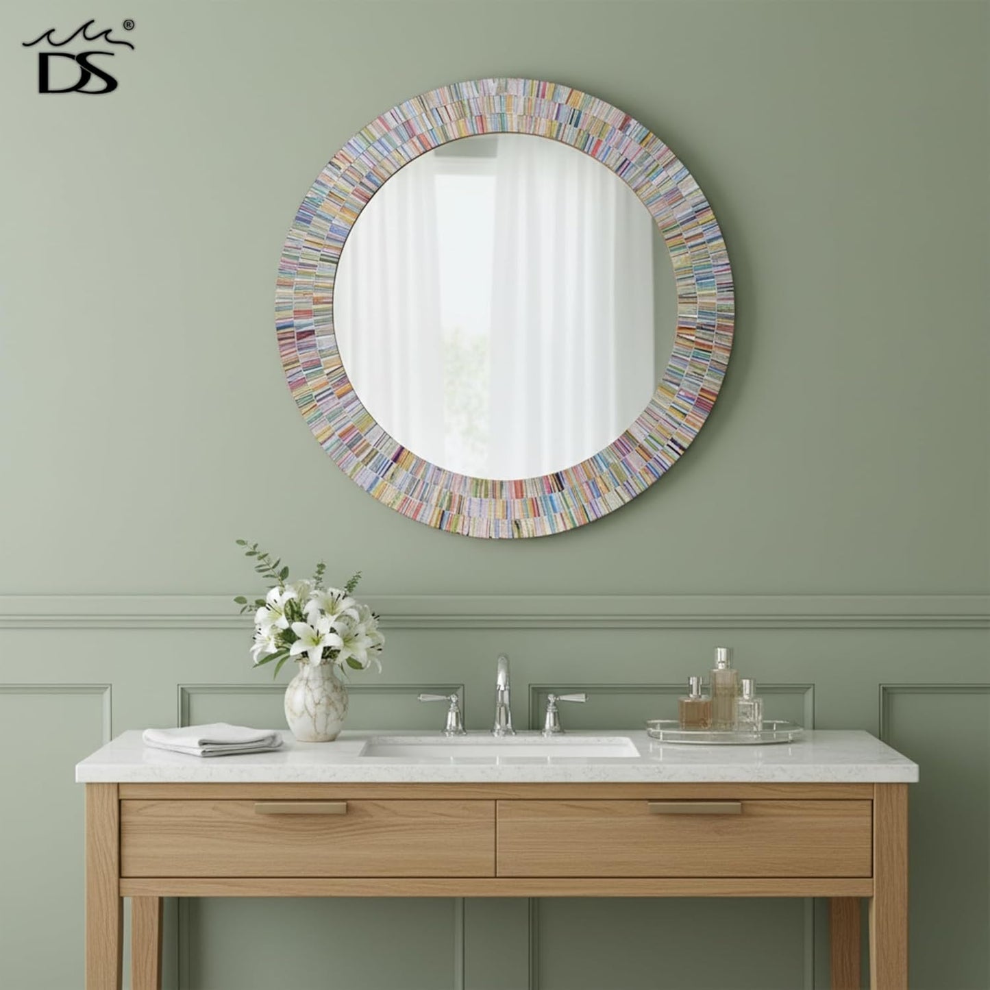 Bohemian Rainbow Wall Mirror -Glass Mosaic Mirror Decorative Wall Mirror, Multi Color Spectrum Wall Mountable, 24" Multi-Color Round Framed Mirror