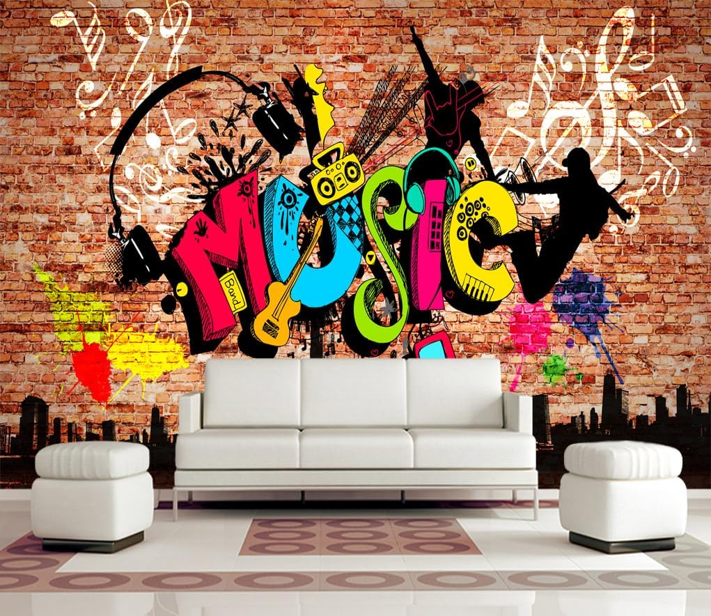 WFBHUA-Music Graffiti Wallpaper Abstract City Brick Wall Hip-hop Murals for Bar Ktv Industrial Background (Not Peel and Stick)