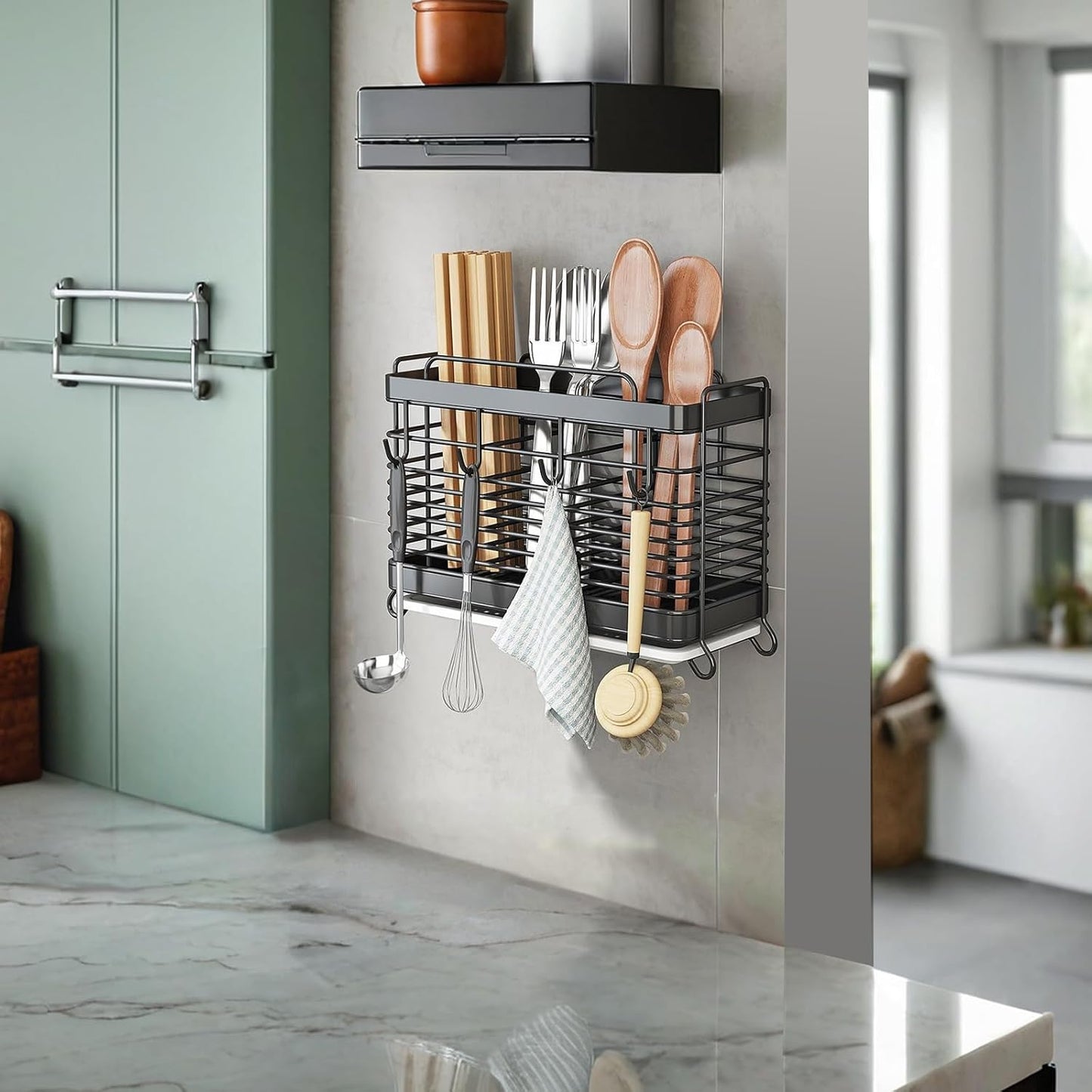 Utensil Holder, Stainless Steel Utensil Drying Rack with Drain Tray, Kitchen Counter Drainer Basket Silverware Cutlery Flatware Holder Forks, Knives, Spoons, Chopsticks Organizer (Black)