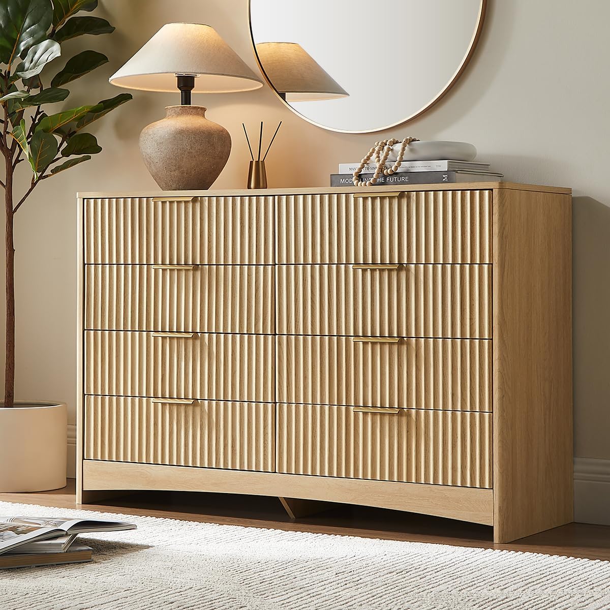 Pipishell Fluted 8 Drawers Dresser, Modern Wood Chest of Drawers, Dressers with Round Edge Design, Dresser TV Stand, Wood Drawer Organizer for Bedroom, Living Room, Hallway, Natural Oak
