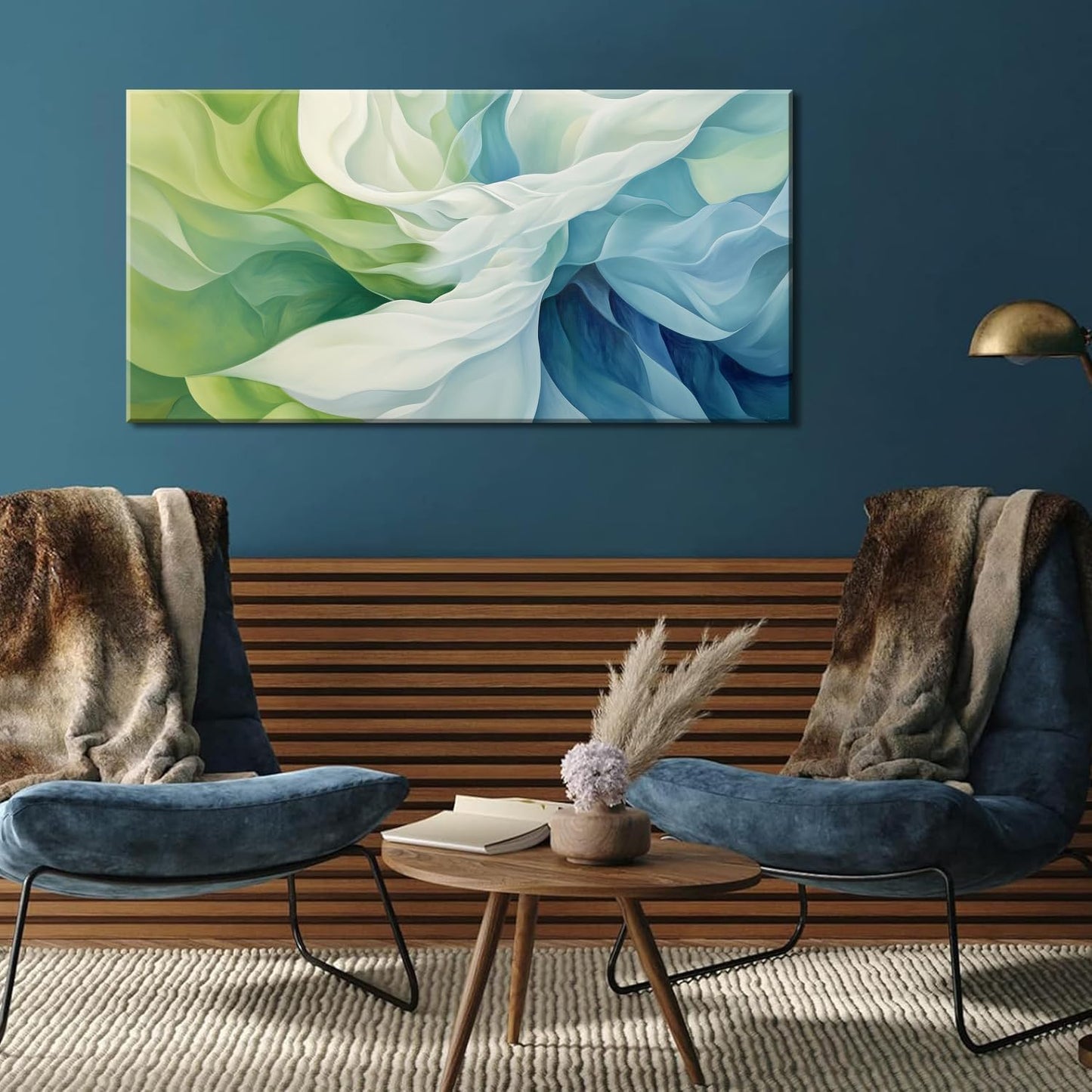 LASMOND Abstract Lines Wall Art for Living Room Canvas Prints Aqua Turquoise Blue Green Artwork Paintings Decor Bedroom Office Girl Woman (40x20 Inches)