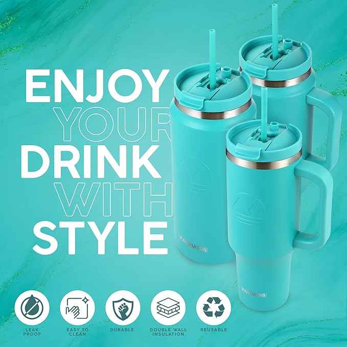 FAHRMOSIS 40 Oz Tumbler with Handle and Straw Insulated Cup that Fits in Cup Holder for Hot & Cold Drinks Leak Proof Tumbler with Straw Stainless Steel Travel Mug for Men & Women - Teal