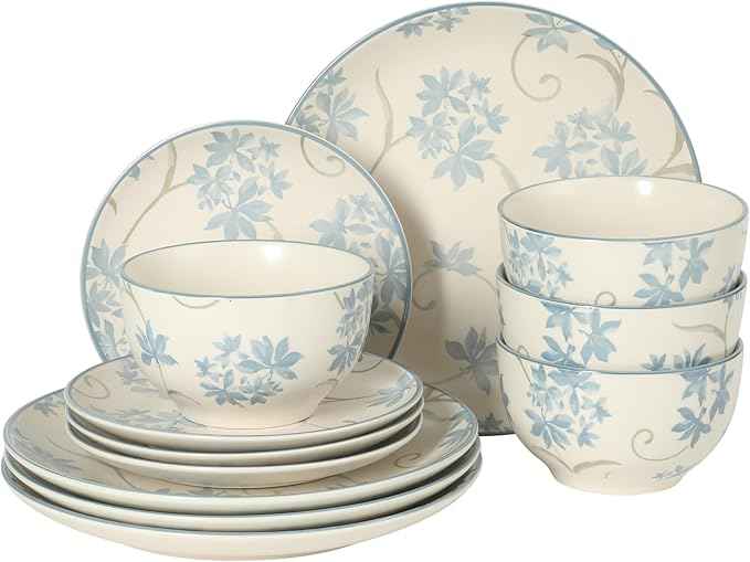 Gibson Home Admiral Hall 12-Piece Matte Stoneware Dinnerware Set – Dinner Plates, Salad Plates & Bowls with Blue Floral Pattern, Durable Everyday Dish Set, Microwave & Dishwasher Safe