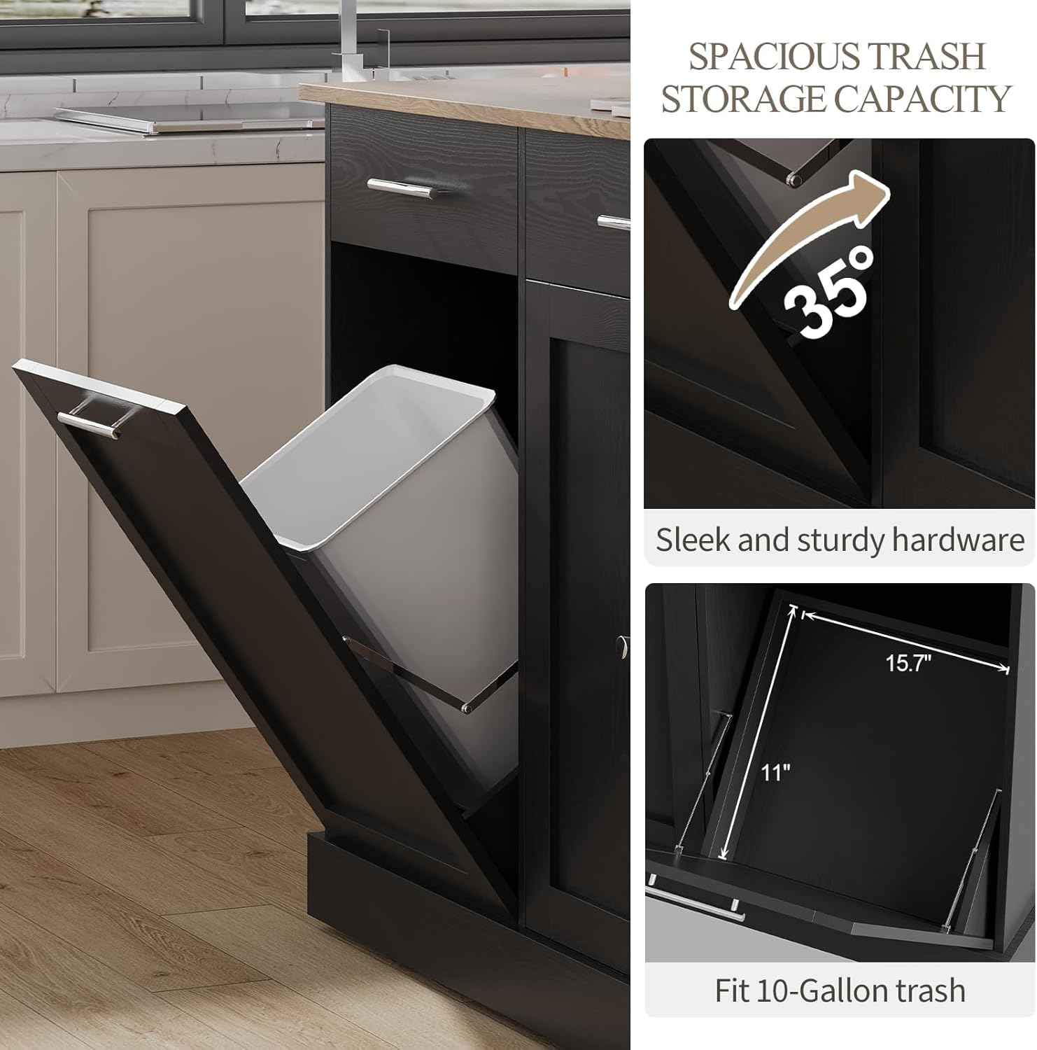 4 EVER WINNER Kitchen Island with Trash Can, 53" Rolling Kitchen Island with Storage and 3-Large Spice Racks, Portable Kitchen Island with Adjustable Shelves, Black