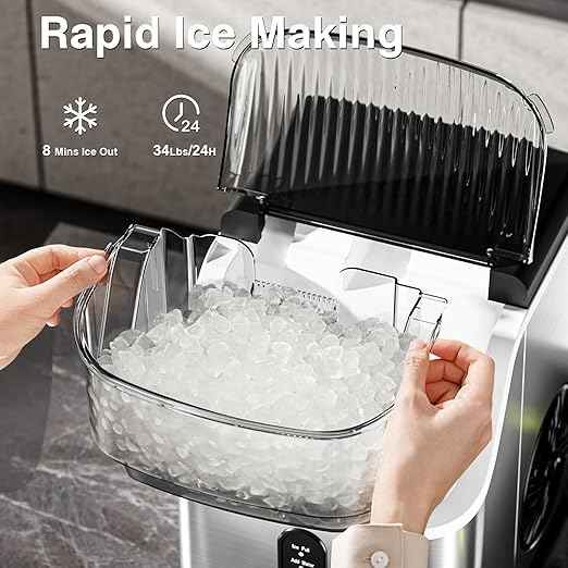 Antarctic Star Nugget Ice Maker Countertop, Chewable Nugget Ice Machine with Automatic Cleaning, Fast Ice Making 34Lbs/24H, One Click Operation for Party/Home/Bar/RV (Stainless Steel Silver)