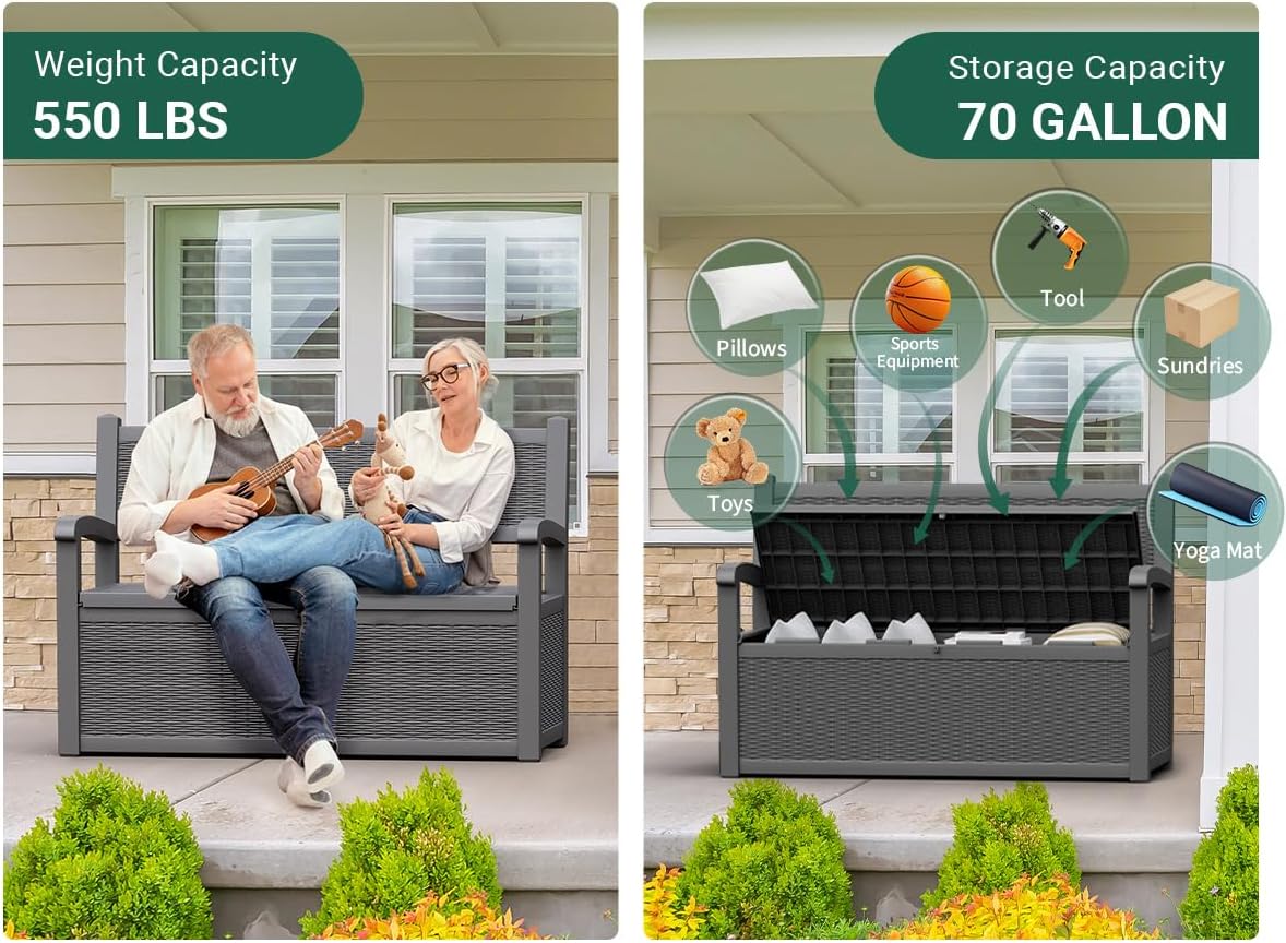 70 Gallon Outdoor Storage Box, Resin Patio Furniture with Armrest, Lockable Deck Box with Waterproof and UV Resistant for Patio Cushions, Garden Tools and Pool Supplies, Grey