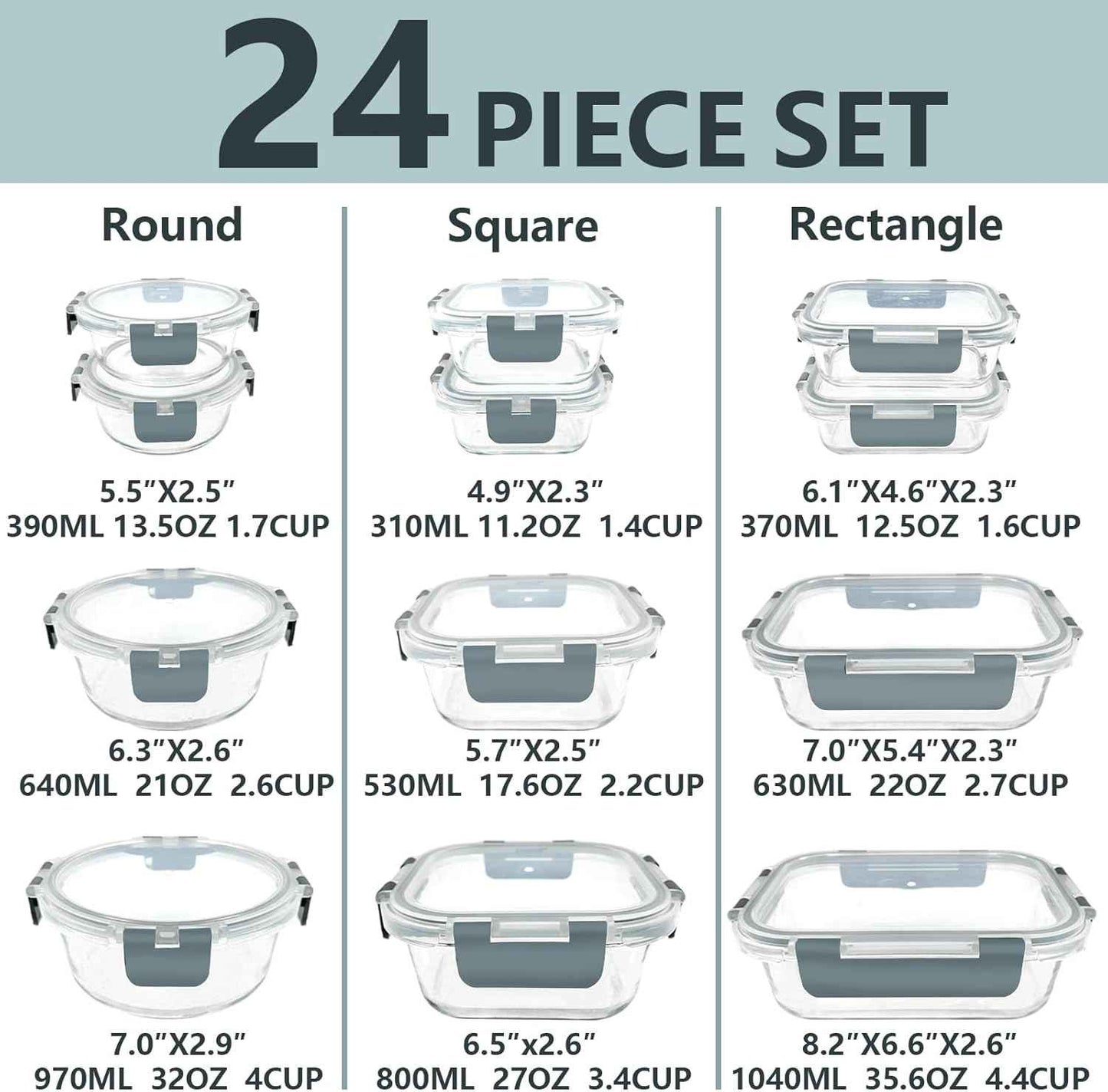 12 Pack Glass Food Storage Container Set with Lids Non Toxic, Stackable Borosilicate Glass Meal Prep Containers, Microwave, Oven, Freezer and Dishwasher Safe (Gray)