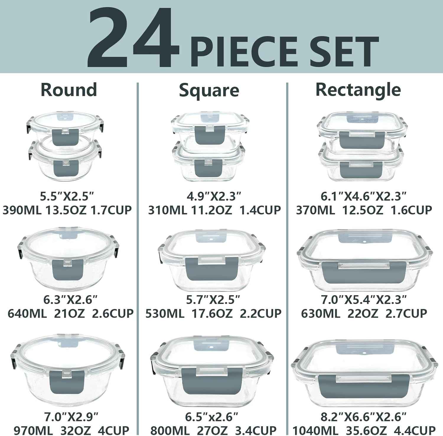 12 Pack Glass Food Storage Container Set with Lids Non Toxic, Stackable Borosilicate Glass Meal Prep Containers, Microwave, Oven, Freezer and Dishwasher Safe (Gray)