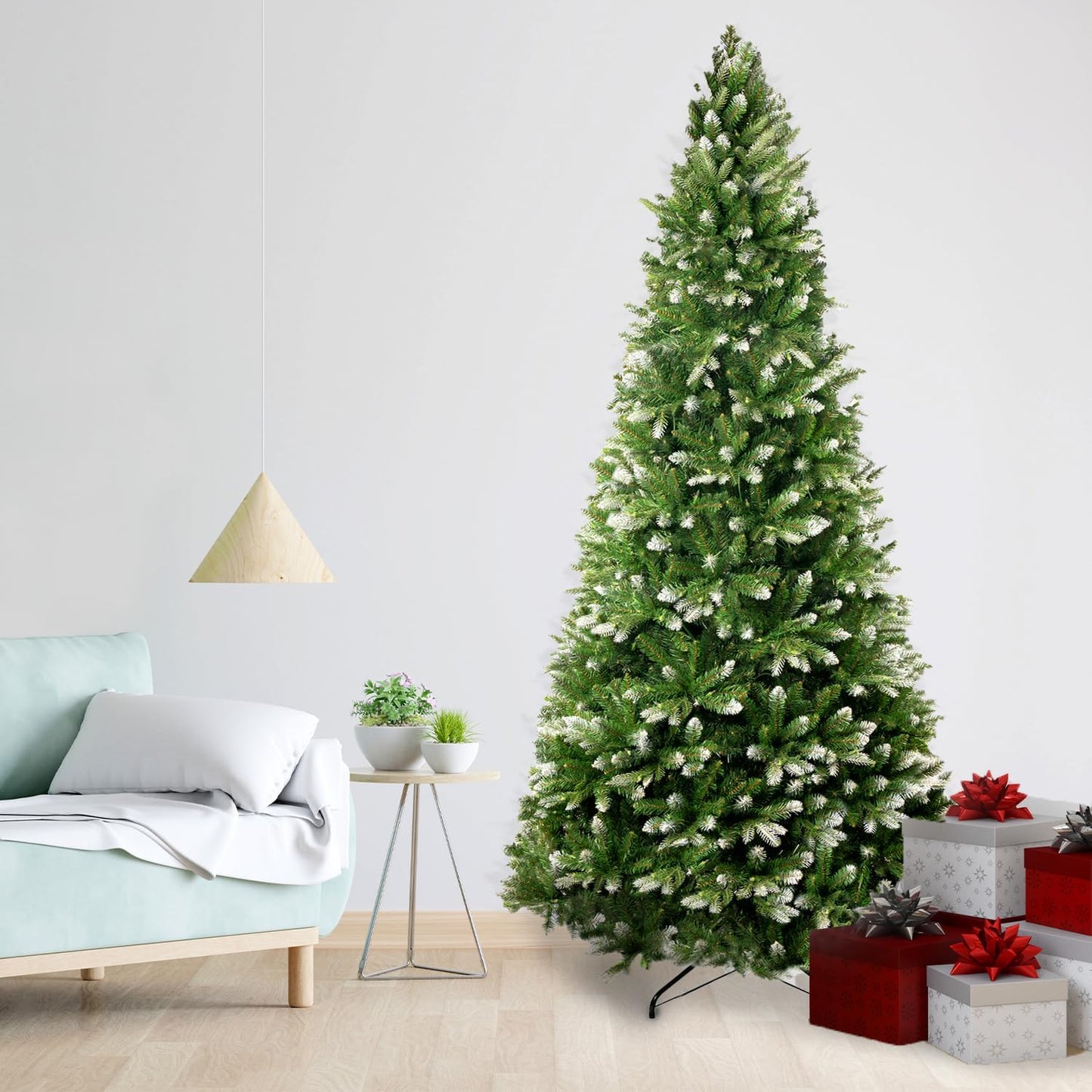 Naomi Home 7.5ft White Tip Christmas Tree with Lights, Realistic Light Snow Flocked Fir Prelit with 1746 Branch Tips, 550 Warm Lights and Metal Stand, Aritificial Tree