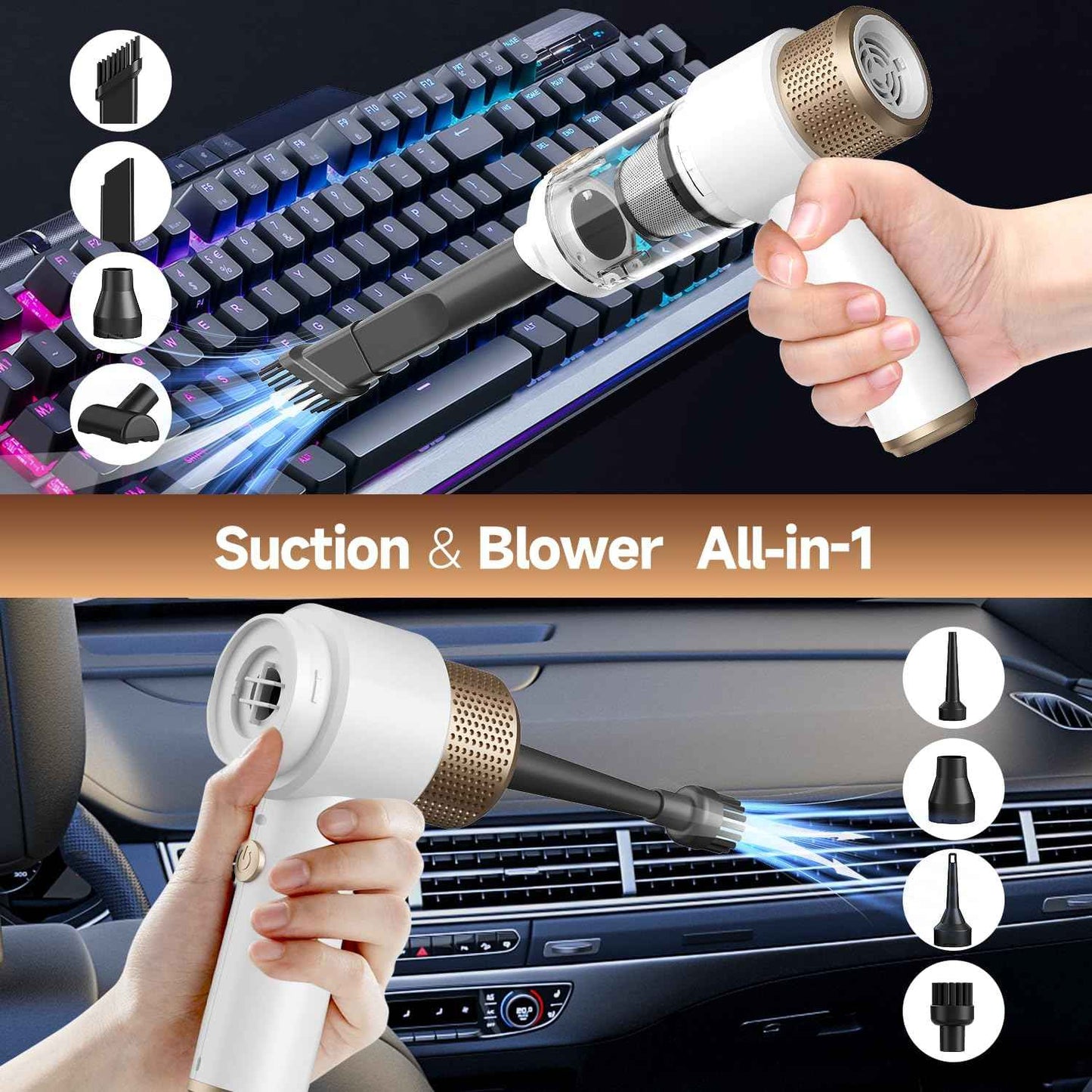 Vizeusvac Car Vacuum Cleaner, 16000PA Mini Car Vacuum Cordless Powerful, 7 in 1 Portable Handheld Vacuum Cordless with LED Light, Dual Filters, One-Touch Empty for Pet Hair, Home, Office