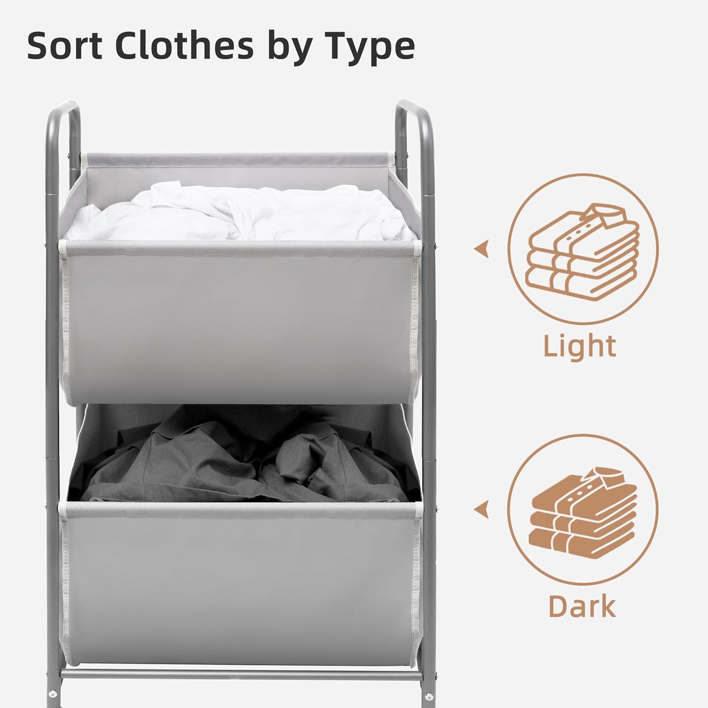 STORAGE MANIAC 80 Liters Vertical Rolling Laundry Hamper, 2 Section Laundry Sorter with Wheels and 2 Breaks, 2-tier Laundry Baskets for Small Space, Dorm, Laundry Room, Closet, Bathroom, Gray 2-tier - Lumora Casa