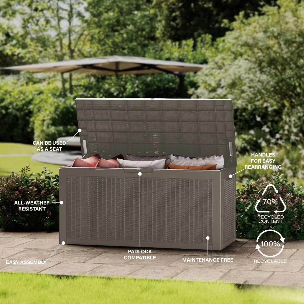 150 Gallon Outdoor Storage Box Patio Deck Box Waterproof, Resin Lockable Outside Large Storage Bin for Pool Cushion Furniture, Garden Tools UV-Resistant, Grey