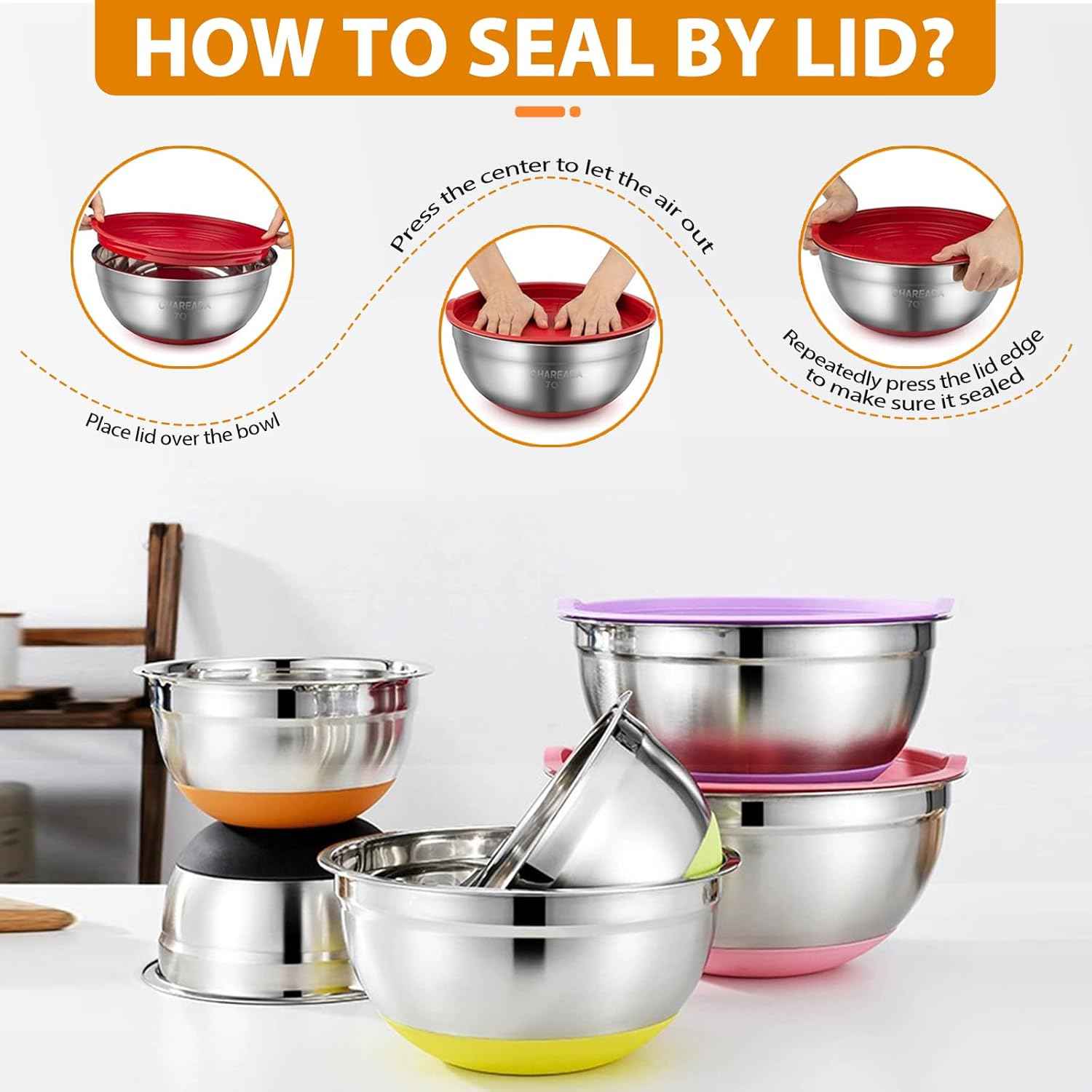 CHAREADA Mixing Bowls with Airtight Lids, 18pcs Stainless Steel Nesting Mixing Bowls Set Non-slip Silicone Bottom, Size 4.5, 3.6, 2.7, 2.1, 1.7, 1.1, 0.7 qt, Fit for Mixing & Serving(Colorful)